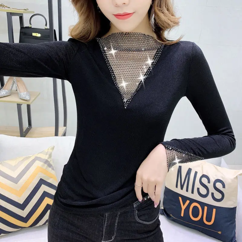 Sexy Club Dziļu V veida Kakla Dimantu Long Piedurknēm T-krekli, Sieviešu Jaunu Gadu 2022 korejas Modes Elegants Tops Sviedri Tshirts Vintage t-veida