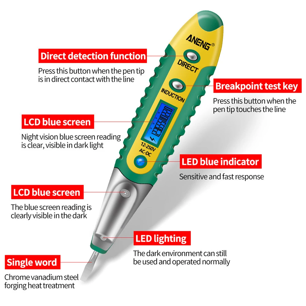 Ciparu Testa Zīmuli Testeri Elektriskā Sprieguma Detektors Pildspalvu LCD Displejs ar Skrūvgriezi, AC/DC 12-250V Par Elektriķi, Instrumenti, Attēls 2 