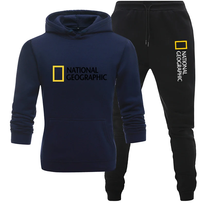 National Geographic Vīriešu sporta Krekls + Bikses 2 Gabals, kas Ikdienas Sporta Hoodies Valkāt Rudenī Un Ziemā Jauns Sporta Tērps
