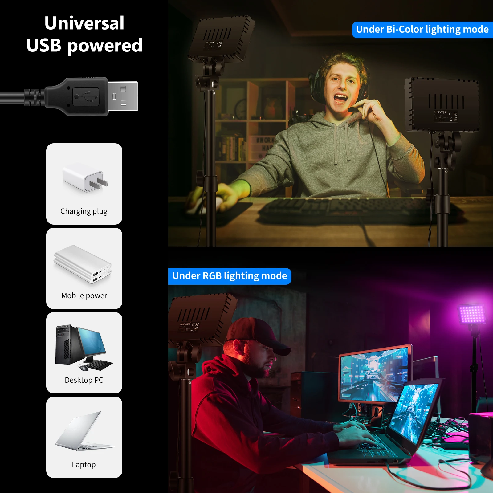Neewer Desk Mount RGB LED Video apgaismojums, 2-Pack Regulējamas, Video Konferences Apgaismojums,2600K-6000K par Spēli Tālummaiņas/Calls/YouTube Video