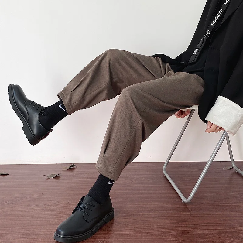 Ziemas Vilnas Bikses Vīriešu Modes vienkrāsainu Gadījuma Bikses Vīriešu Streetwear korejas Zaudēt Taisnu kāju Bikses Vīriešu Bikses M-3XL Attēls 0 