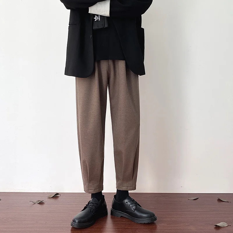 Ziemas Vilnas Bikses Vīriešu Modes vienkrāsainu Gadījuma Bikses Vīriešu Streetwear korejas Zaudēt Taisnu kāju Bikses Vīriešu Bikses M-3XL Attēls 5 