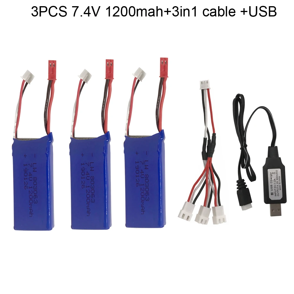 3PCS 7.4 V 1200mAh Akumulatora uzlāde, izmantojot USB Lādētāju 3 in 1 Kabelis YiZhan Tarantuls X6 MJX X101 X102h X1 H16 WLtoys V666 V262 V353 V333 Attēls 1 