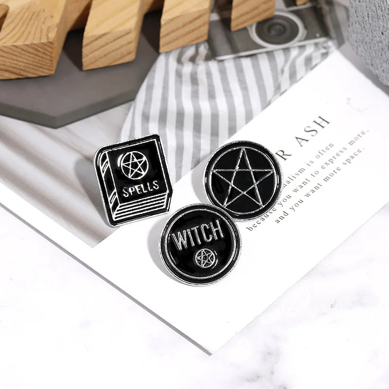 Goth, punk gothic witcher oujia melna emalja badege pin broša apģērba apkakles soma wicca pagānu Pentagramma zvaigžņu mēness broša Attēls 1 