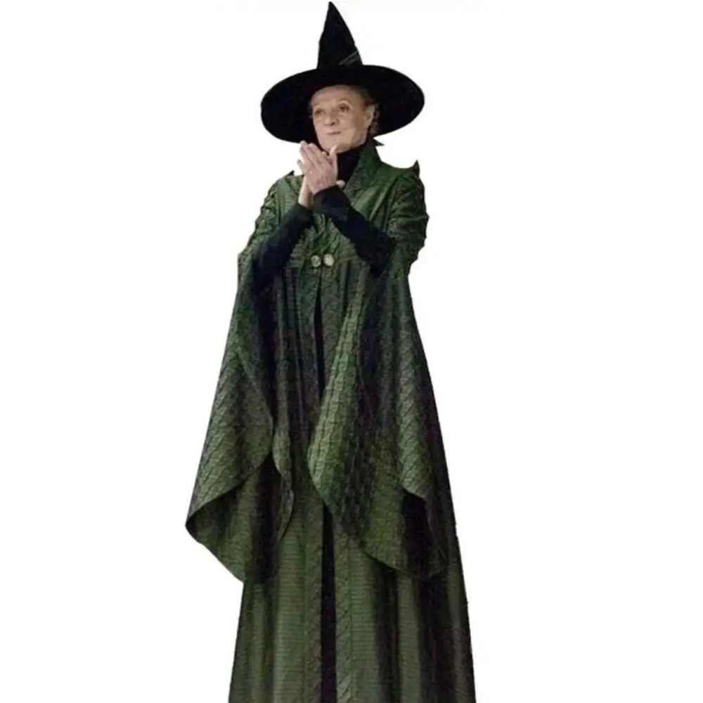 2019 Minerva McGonagall Kleita Cosplay Tērpu Tumši Zaļā Apmetnī, Tranšeju Kleita+Apmetnis+Cepure