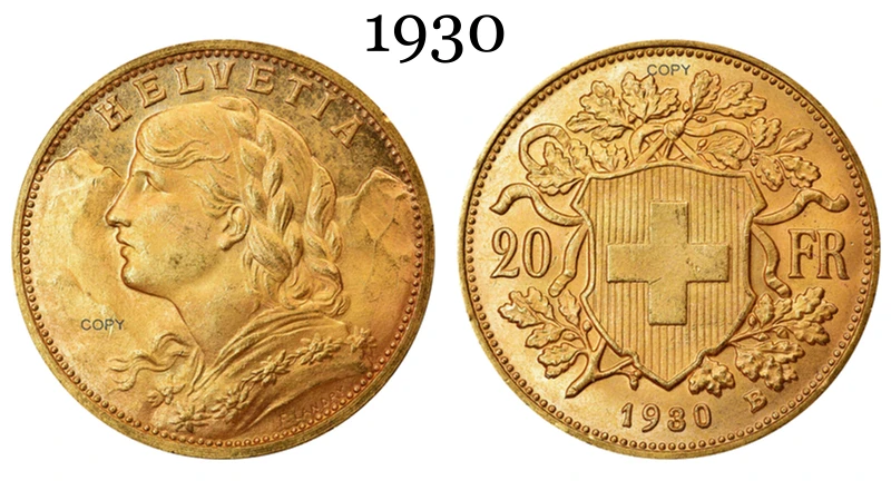 Šveices Federālā Valsts 1930 B Zeltu 20 Franku Helvetia Kopēt Monētas Misiņa Metāla Reprodukcija Monētu Kolekcija Piemiņas