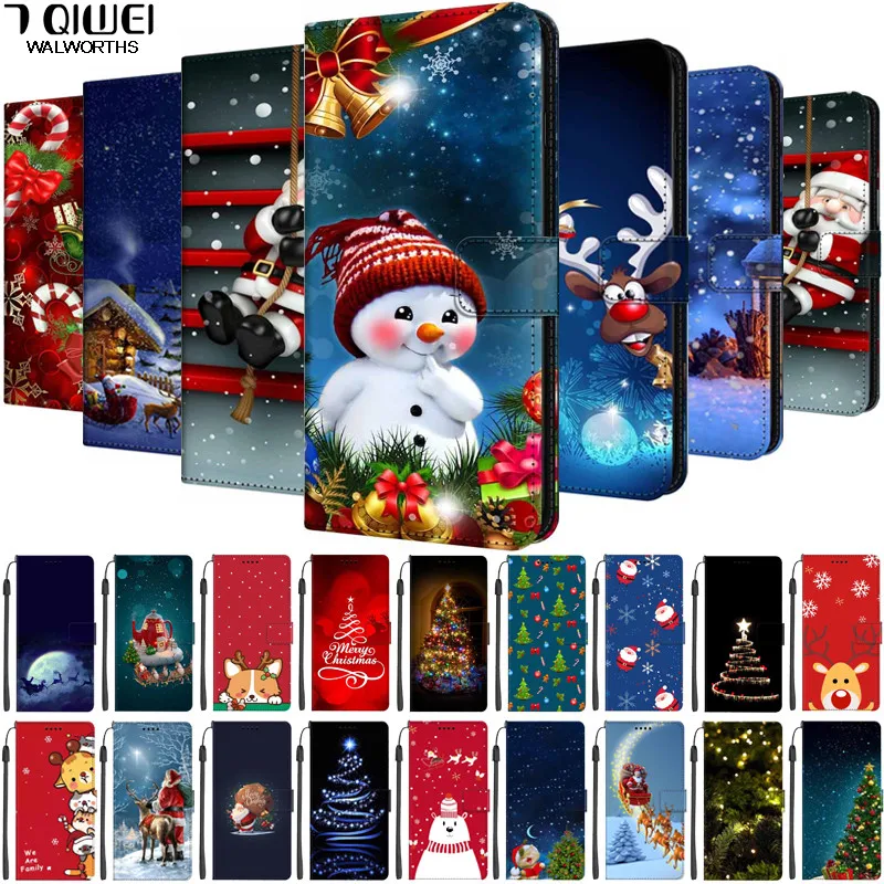Ziemassvētku Ādas Gadījumā Samsung Galaxy Note 4 5 3 8 S6 S7 Malas C7 Pro Vāka Pārsegs Seifs Stāvēt Magnētisko Karikatūra Note4 S7Edge