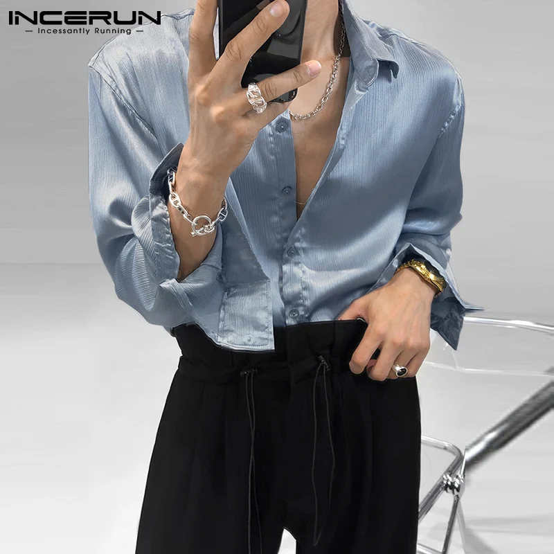 Ir 2021. Modes Vīriešu Krekls Atloks ar garām Piedurknēm tīrtoņa Krāsu Streetwear Pogu, Topi Brīvs korejas Gadījuma Camisa Masculina S-5XL INCERUN