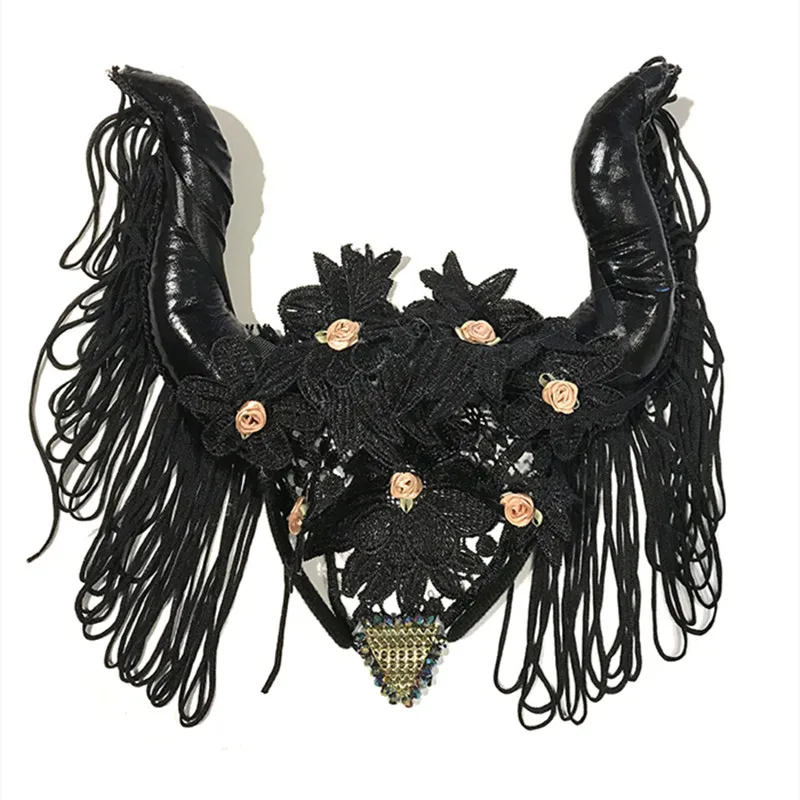 Gothic Ragi Galvu Headpiece Melns Pušķis Roku Darbs Mākslīgās Ādas Mīksto Ragu Galvassegu Izšūtās Mežģīnes, Matu Stīpas