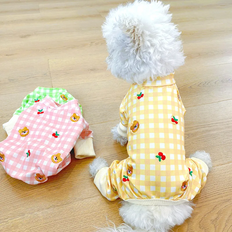 Suns Pidžamā Teddy Bichon Ērtu Mājas Apģērbu Valkāt četrkājainajiem Apģērbu Režģu Ķiršu Lācis Jumpsuit Suņiem
