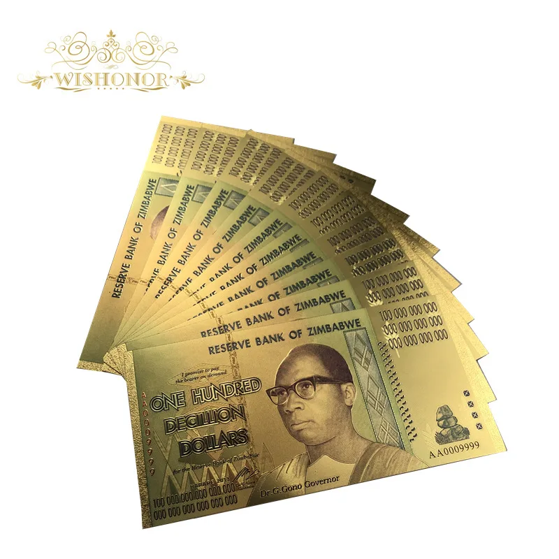 10pcs/daudz Zimbabves Banknošu Viens Vigintillion Dolāru Zelta Pārklājumu Banknotes ar UV Gaismu Bezmaksas Piegāde