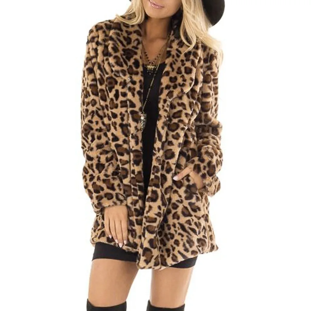 Kabatas Leopards Izdrukāt Sieviešu Stepēts Mēteļi Mākslīgās Kažokādas Silto Ziemas Outwear Ilgi, Dāmas Mētelis Modes Bieza Rietumu Stila Femme Augšu