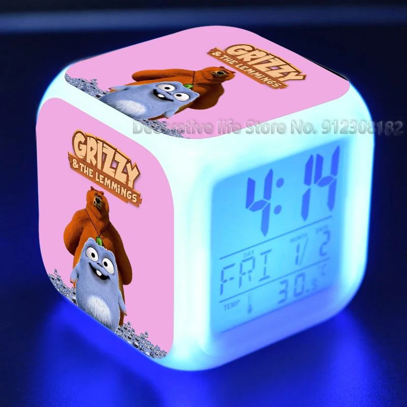 Grizzy un Lemmings Bērniem Modinātājs 7 Krāsas Mainās Nakts Gaisma Led Digitālais Pulkstenis Bērniem Galda Pulkstenis Despertador Attēls 1 