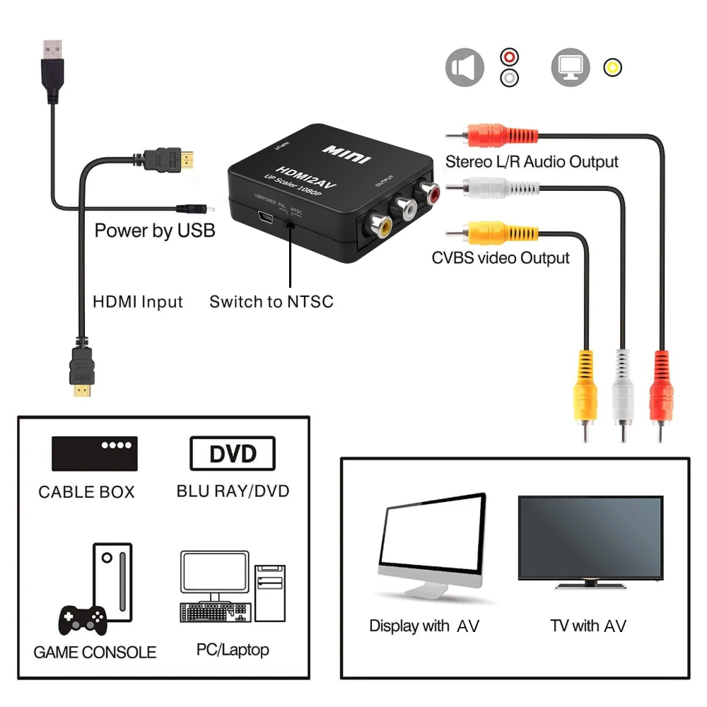 HDMI-saderīgam ar RCA AV Converter/CVSB L/R, Video Lodziņš HD 1080P, 1920*1080 60Hz HDMI2AV Atbalsta NTSC PAL Izejas HDMIToAV