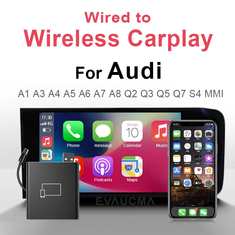 Bezvadu CarPlay Adapteri Audi A1 A3 A4 A5 A6 A7 A8 Q2 Q3 Q5 Q7 S4, S5, Smart Box Aktivators WirelessCarplay 3.0 USB Dongle